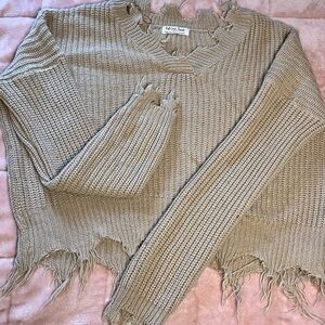 Wild Fable Tan V-Neck Sweater with Distressed Hem